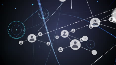 animación de iconos de perfil que conectan puntos, procesamiento de hud en interfaz digital con haz de luz
