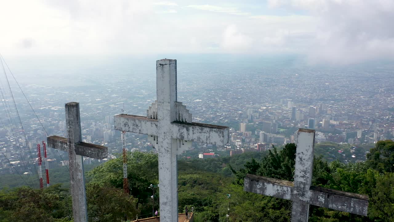 Aerial shot over Three crosses monument toward the city of Cali-Colombia