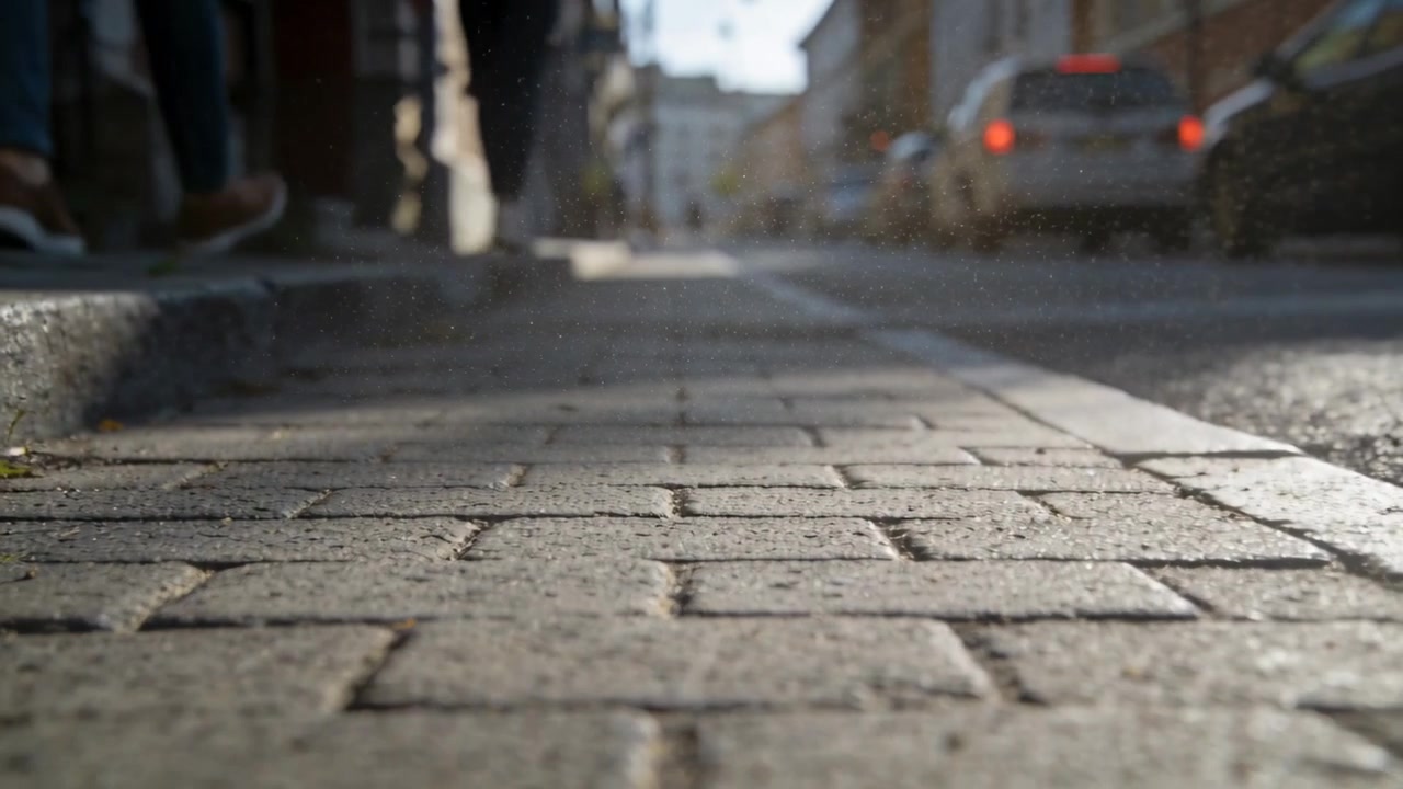 Recording brick-paved sidewalk at curb, pedestrians walking past left wearing jeans and sneakers