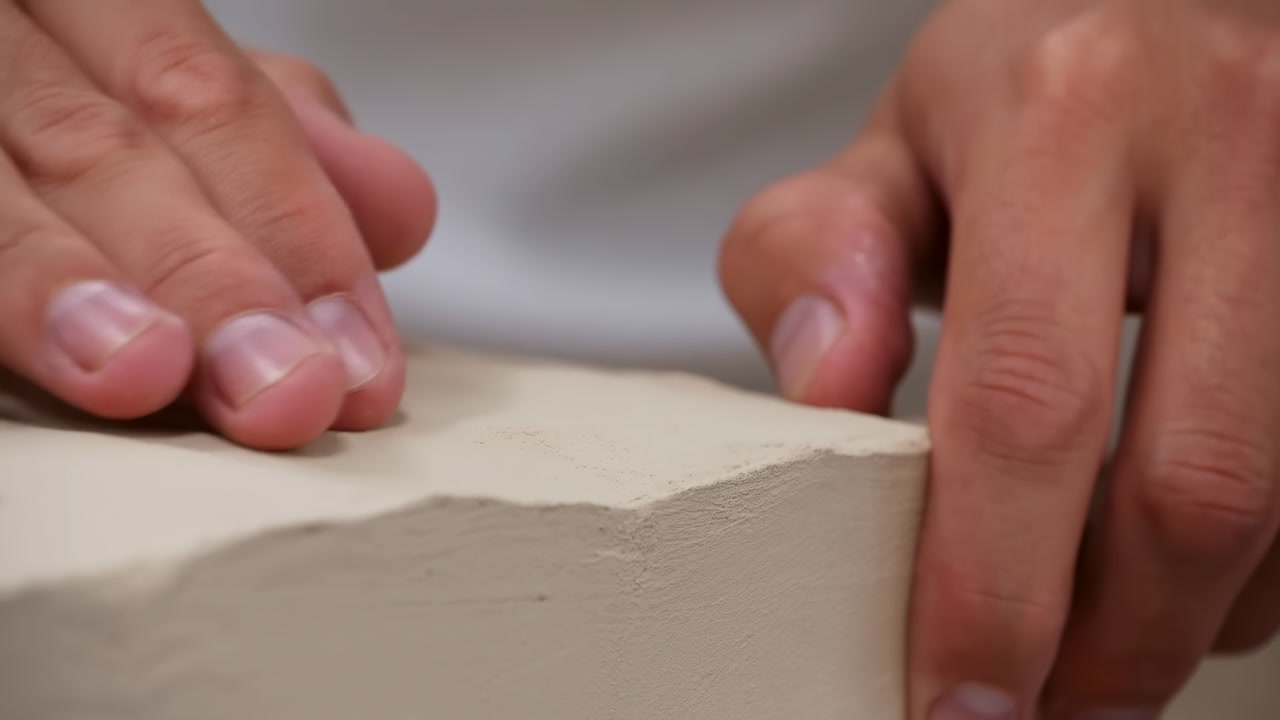Closeup Hands Shaping White Clay Block, Studio Sculptor Smoothing Edges With Fingers, Tactile Texture