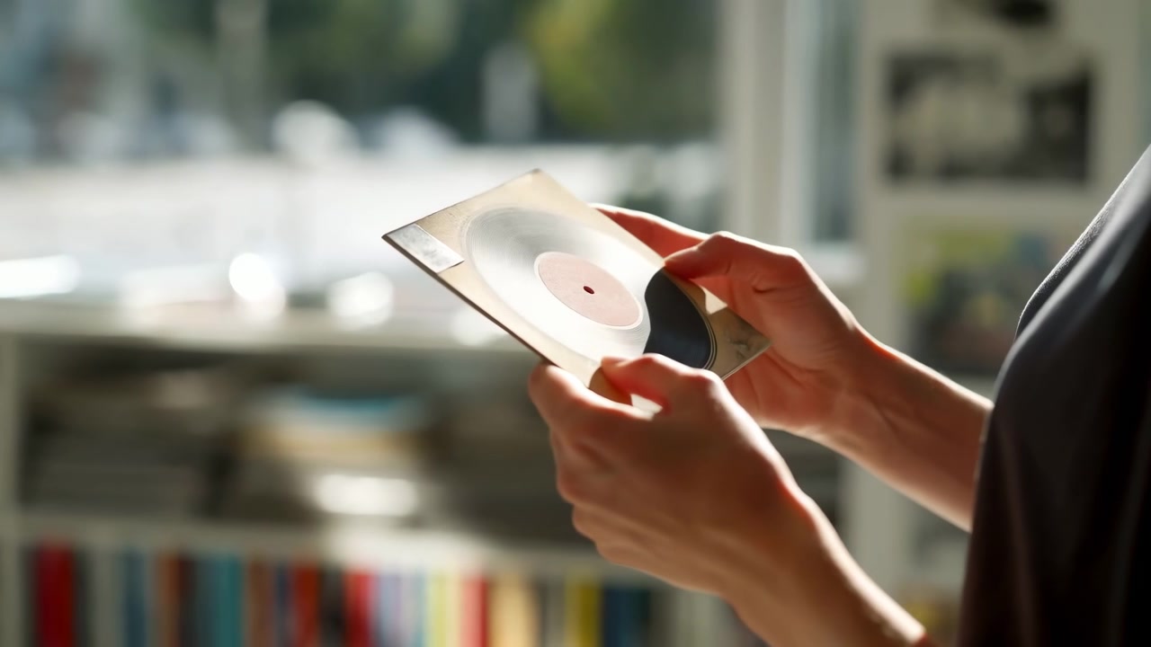 Primo piano di mani che esaminano un disco in vinile all'interno di una busta di carta in una stanza illuminata delicatamente, con librerie sfocate e luce diurna calda sullo sfondo