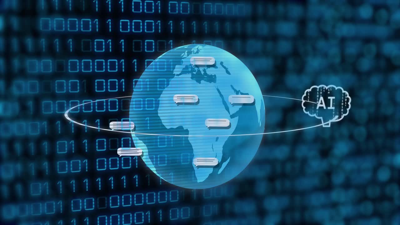 Animation of ai text and icon, data processing over binary coding