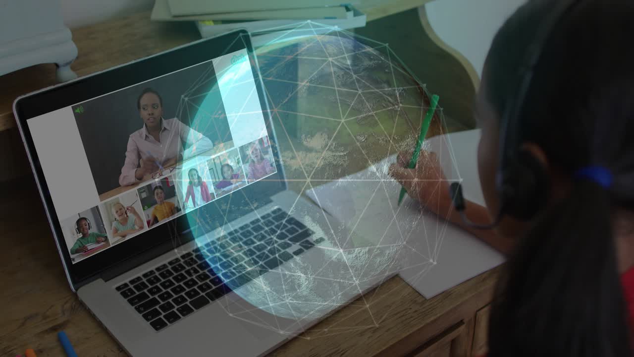 Girl student noting in remote class, teacher speaking as globe and code overlays rising above paper