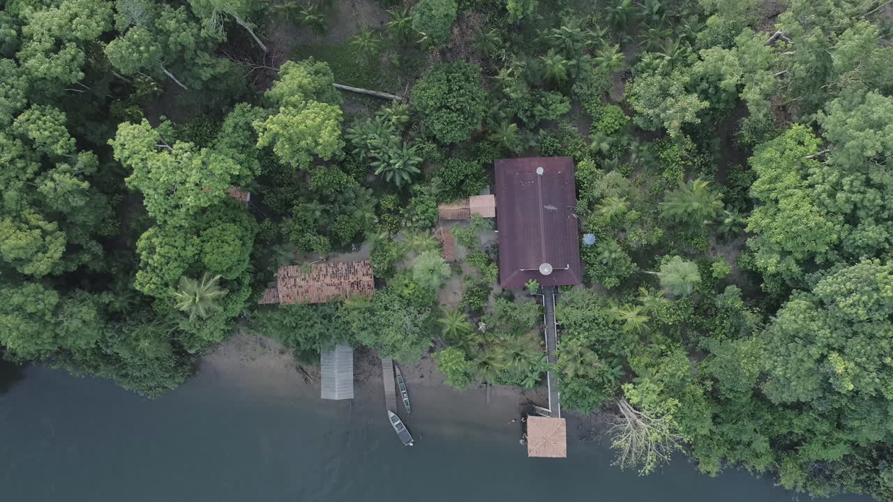 una casa y un barco en la orilla del río en la toma aérea de la selva amazónica.