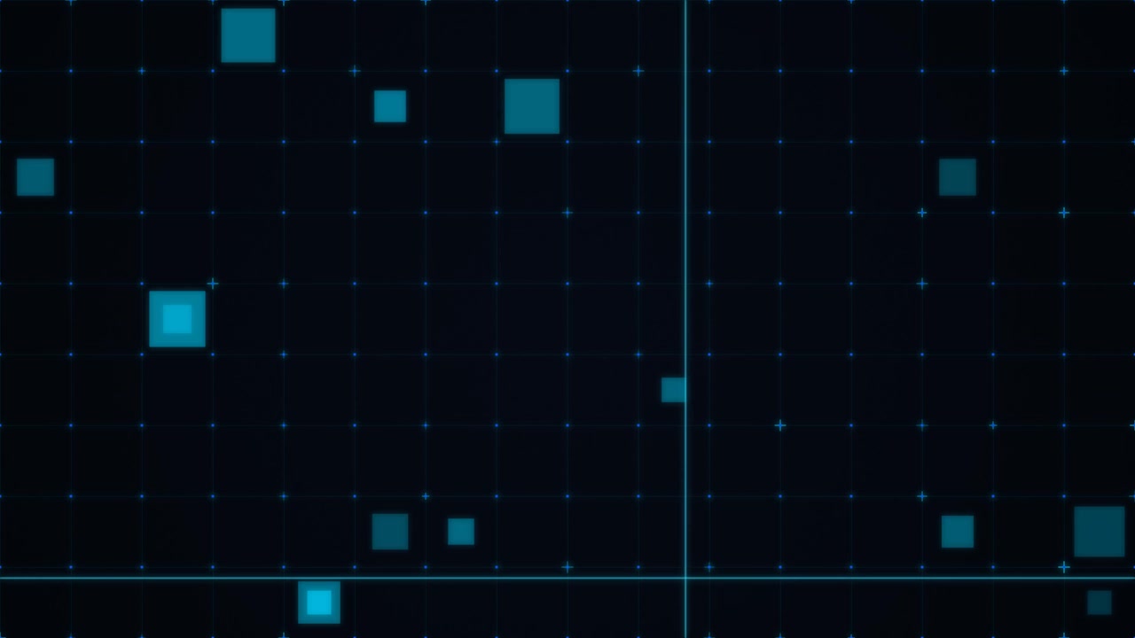 Digital Grid Background with Moving Blue Squares and Scanning Lines