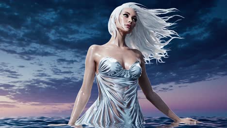 A beautiful woman in a silver dress, appearing like a mermaid, standing in the ocean at sunset.