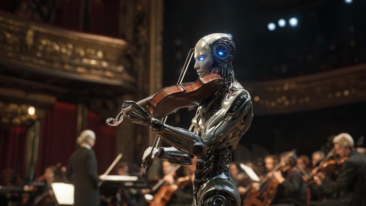 Seorang musisi robot yang memukau memikat penonton dengan penampilan yang sangat terampil pada biola, dikelilingi oleh orkestra dalam suasana teater yang megah