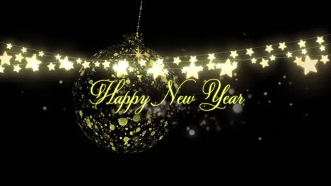 animation of stars and happy new year over golden bauble on black background