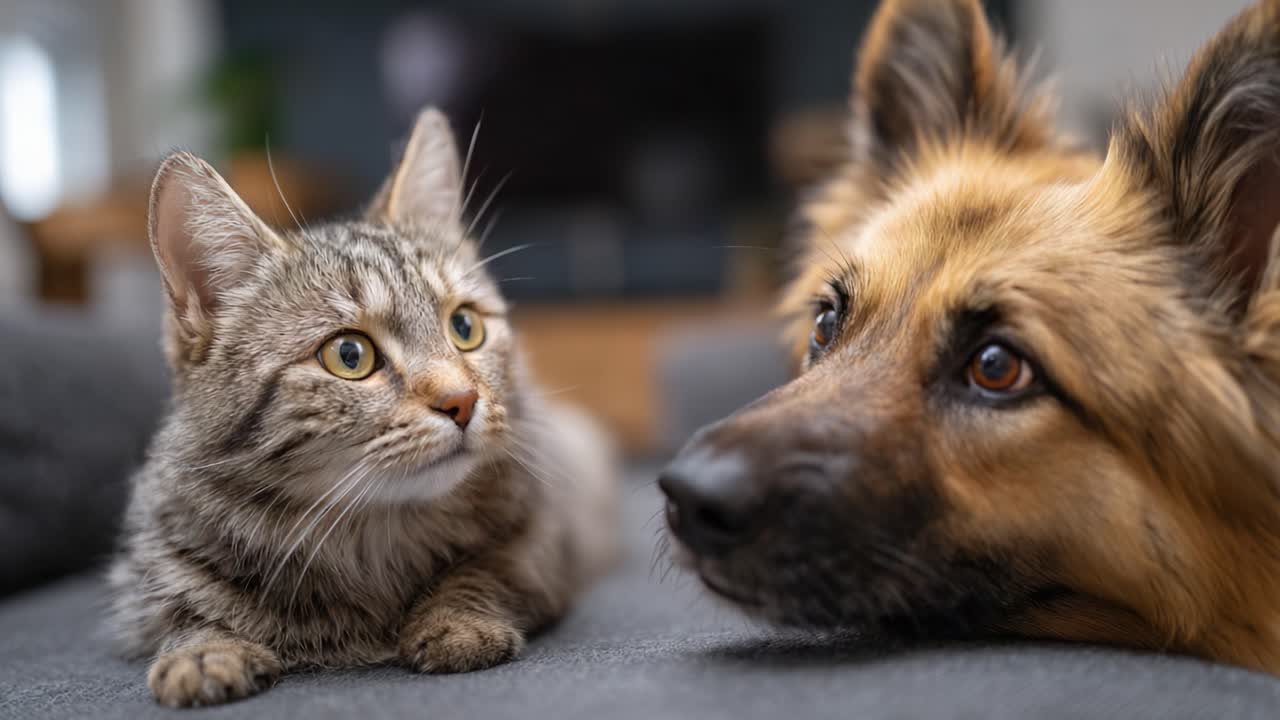 Dostluğun Odağı: Bir Kedi ve Köpek Rahat Bir Koltukta Birlikte Keyifli Bir Anı Paylaşıyor, Kendilerine Özgü İfadelerini ve İç Isıtan Bağlarını Sergiliyor