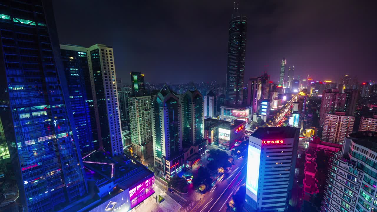 china ciudad de shenzen luz nocturna techo superior calle principal tráfico panorama 4k lapso de tiempo