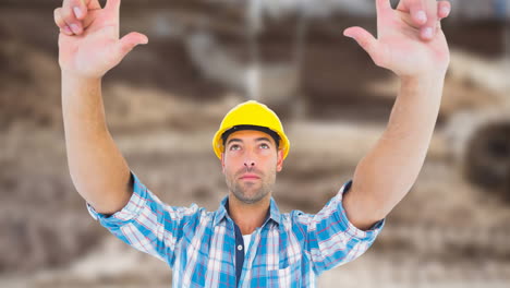 animación de un trabajador caucásico midiendo con los brazos sobre el sitio de construcción