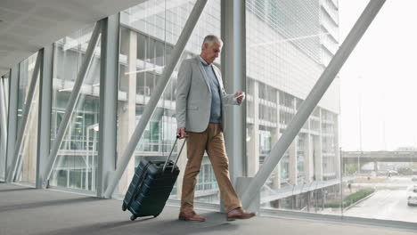 senior man, walking and travel for work