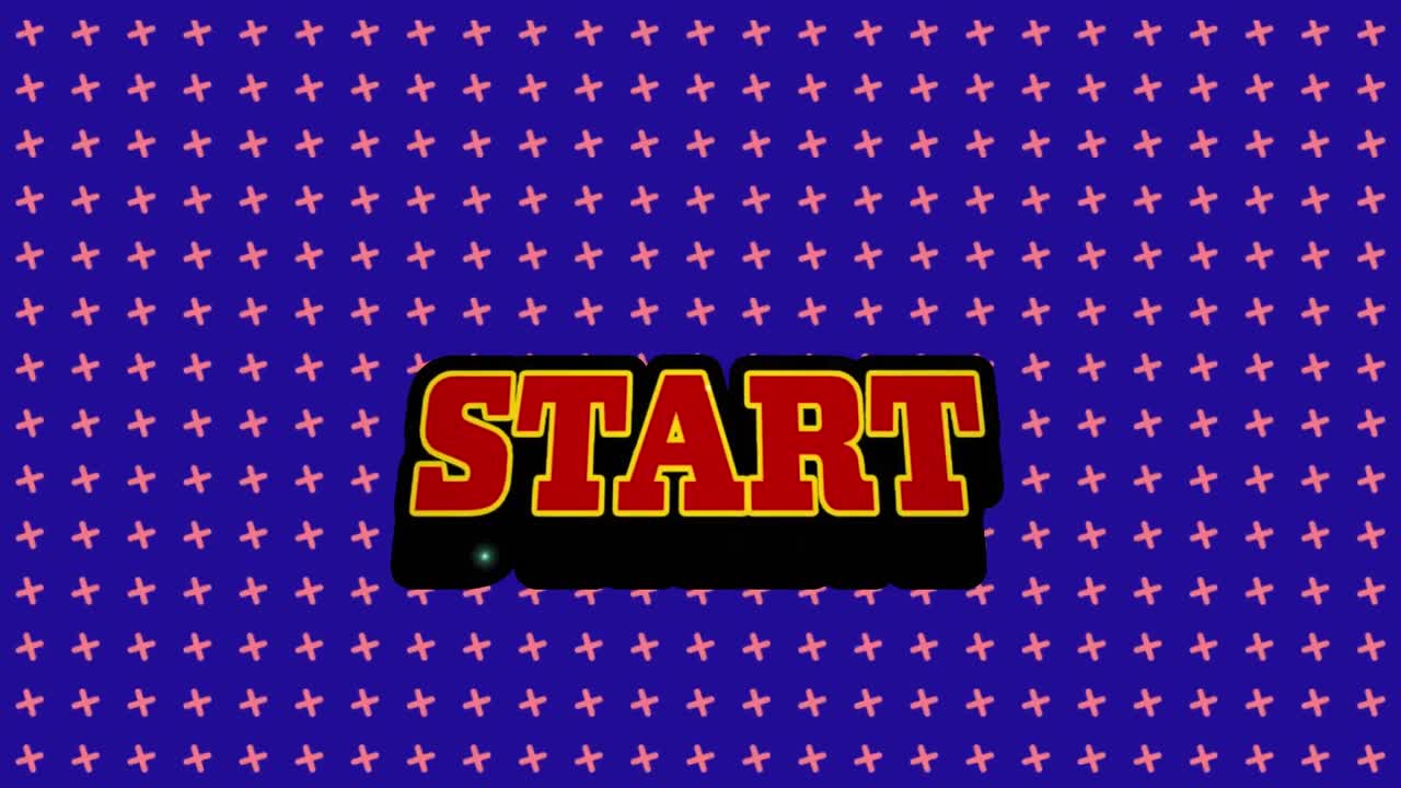 Animation of start text over moving shapes on blue background