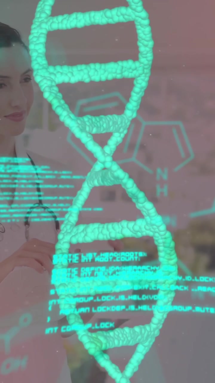 Animation of data processing and dna strand spinning over caucasian female doctor
