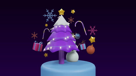 animation of spinning christmas tree and decorations on black background