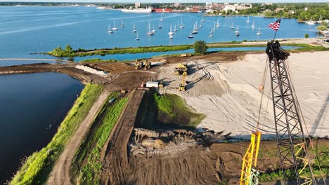 drone trucking left from crane to show the marina