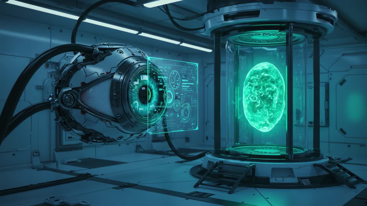A Futuristic Sci-Fi Laboratory Featuring an Advanced AI Interface and a Glowing Green Brain in a Container, Set Against a Sleek High-Tech Environment