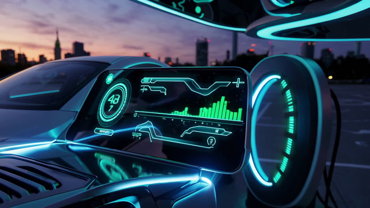 Electric Car Charging at Sunset in a Futuristic City