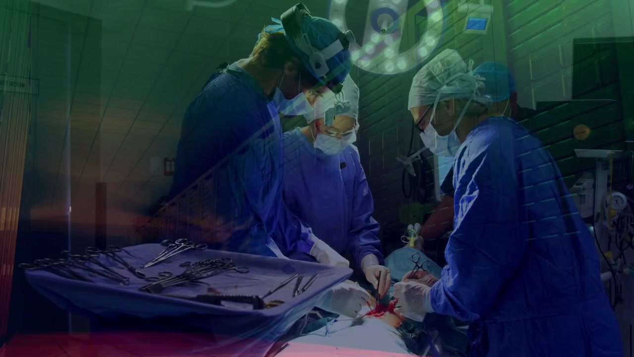 Lead surgeon initiating incision, surgical team operating instruments, overlays mapping anatomy