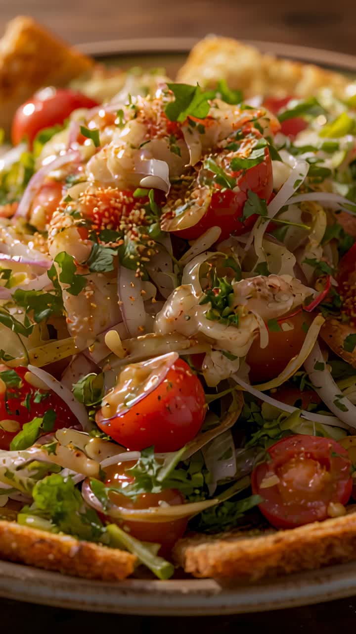 Vertical video: Pulling camera back showing plated salad on table, emphasizing texture and dressing