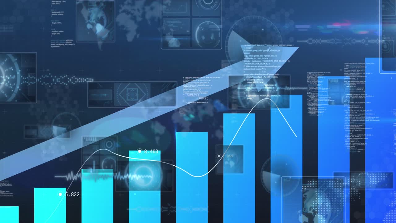 animación de flechas y gráficos financieros sobre fondo marino con círculos en las pantallas