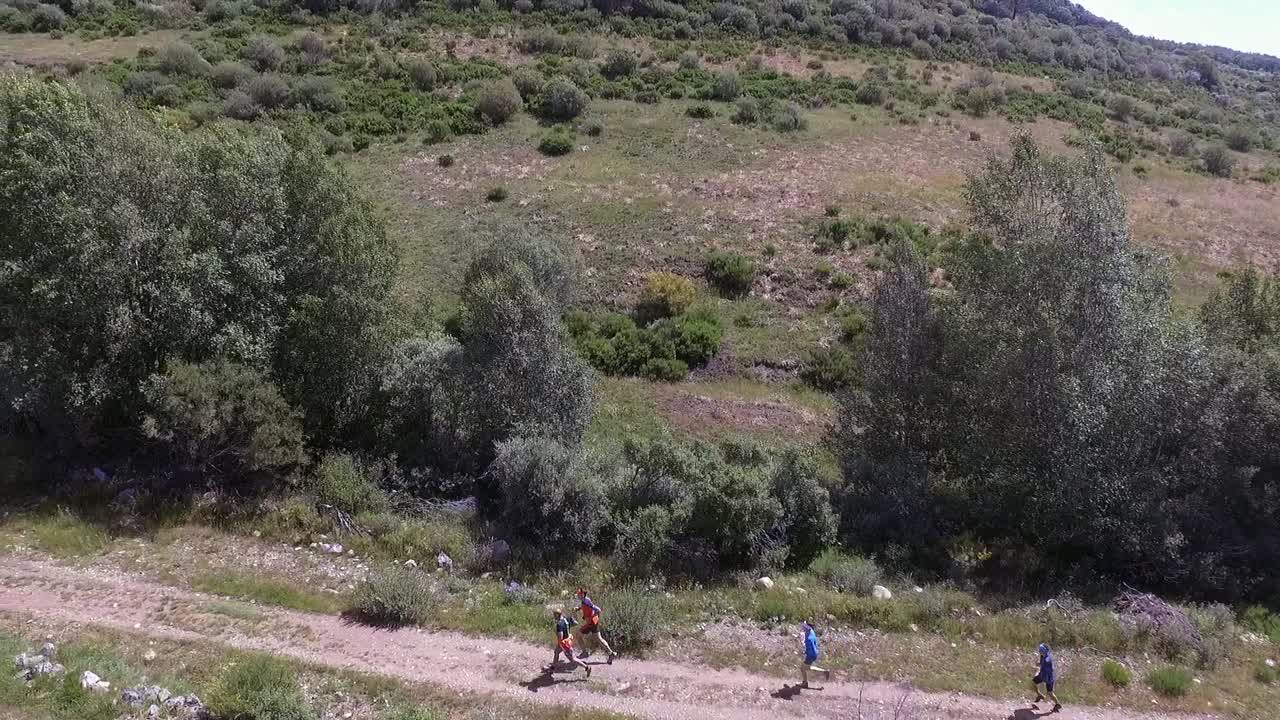 Persone che corrono in gruppo nella natura, ripresa aerea.