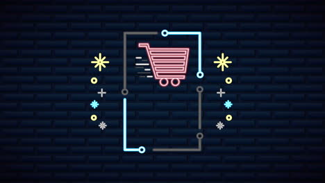 wall with neon light shopping cart