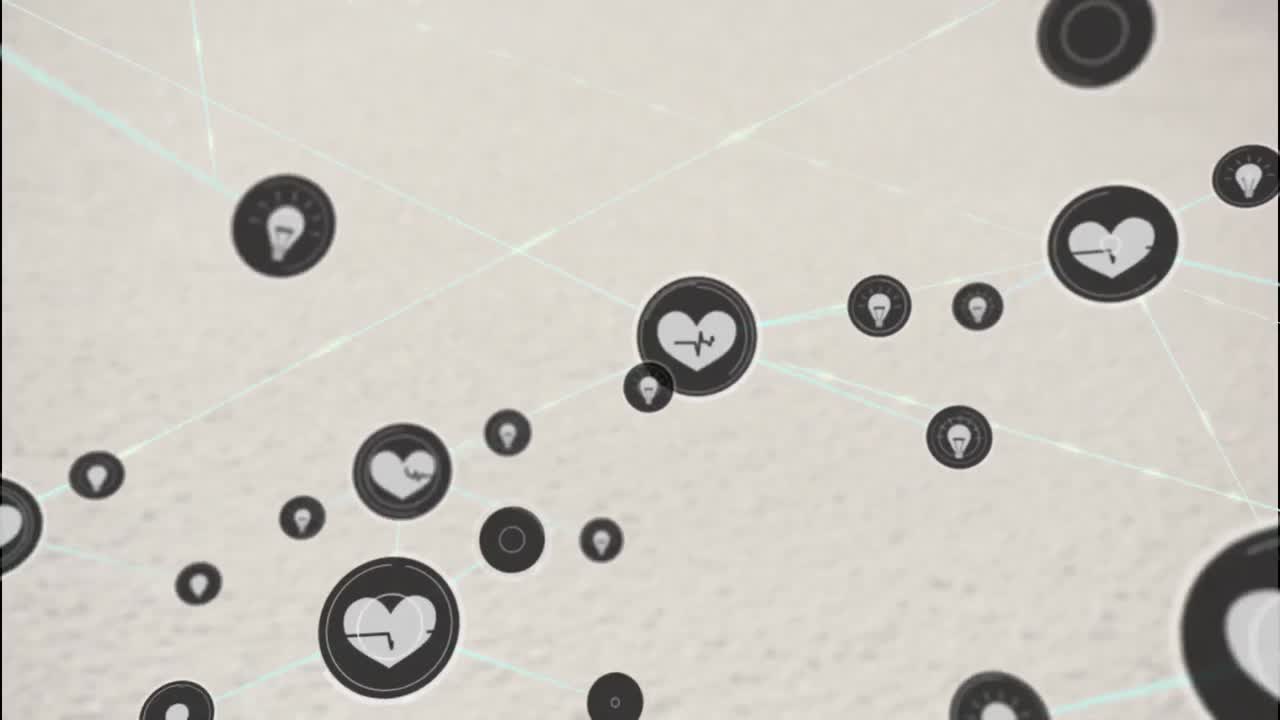 회색 표면 위에 아이콘을 가진 연결 네트워크의 애니메이션