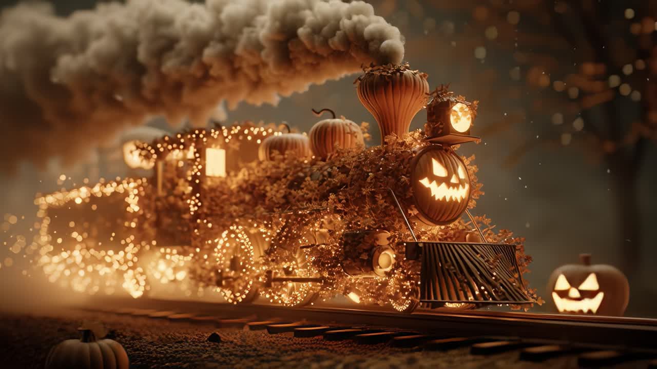 A Festive Halloween Train Illuminated with Twinkling Lights and Embellished with Pumpkins and Autumn Leaves Chugs Along a Mystical Railway Scene