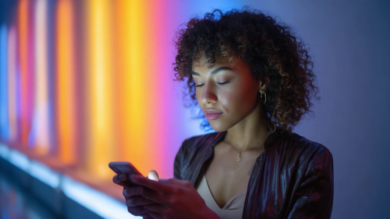 A woman with curly hair focused on her smartphone against a backdrop of colorful lights, capturing a moment of modern interaction and technology in a vibrant setting.