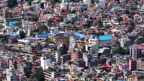 drone flys showing urban city housing kathmandu nepal, water pollution and unmanaged urbanization, busy asian city lifestyle, green city, active government, colorful, living standards 4k