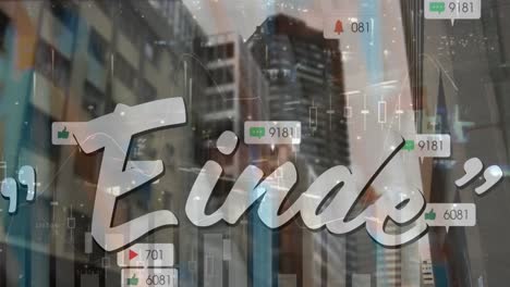 animation of einde and social media reactions over cityscape