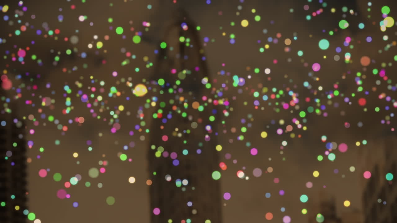 animación de puntos que vuelan sobre el paisaje urbano sobre un fondo marrón