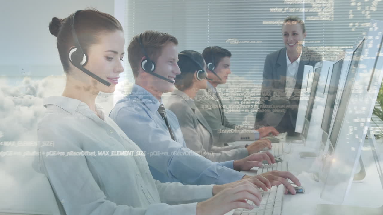 전화 헤드 ⁇ 을 사용하는 비즈니스 사람들에 대한 데이터 처리 애니메이션