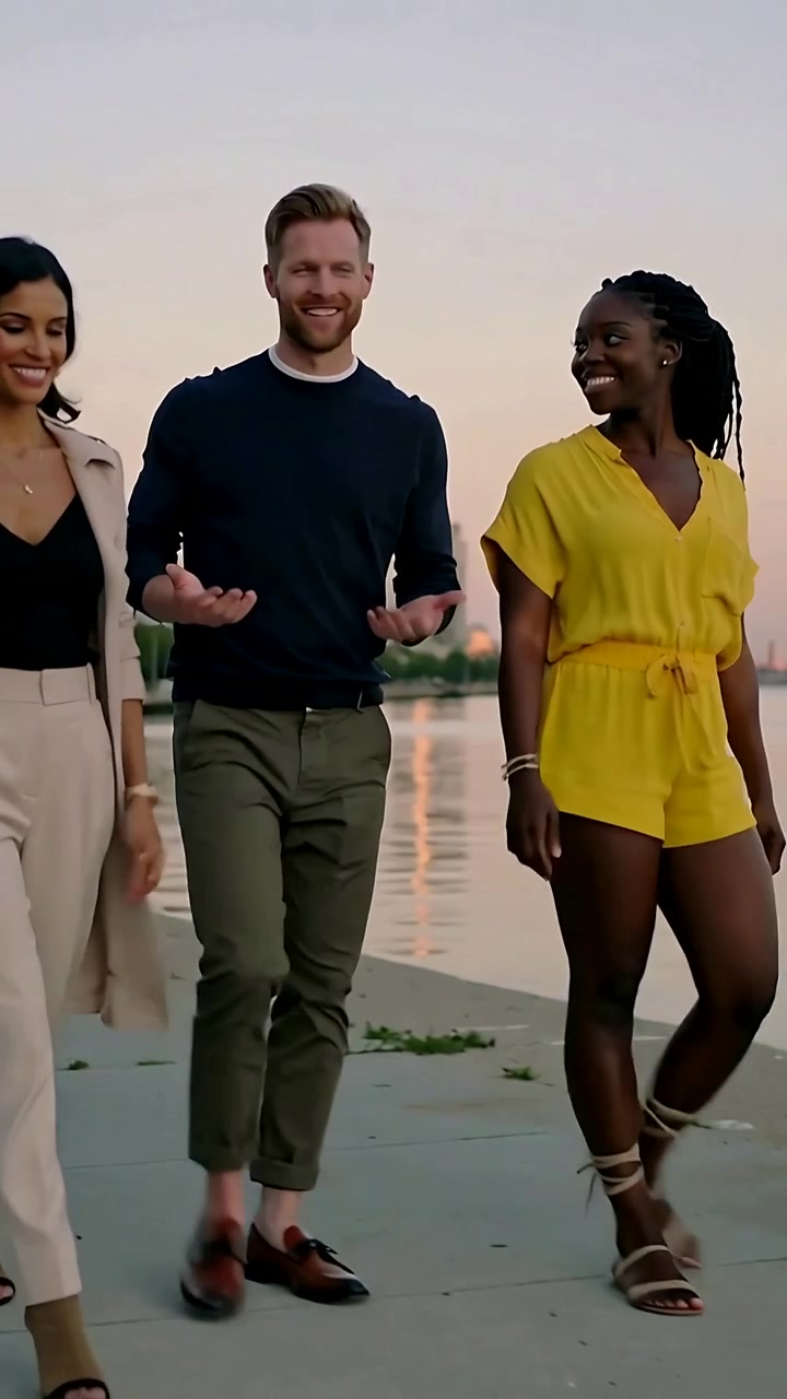 Vertical video: Walking trio chatting on waterfront at dusk, woman in yellow romper, man gesturing