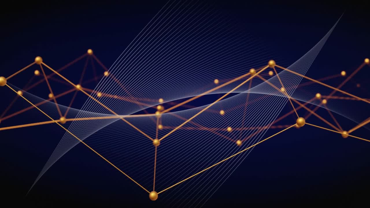 Golden network shifting angle triggers wireframe wave weaving through nodes showing tech data flow