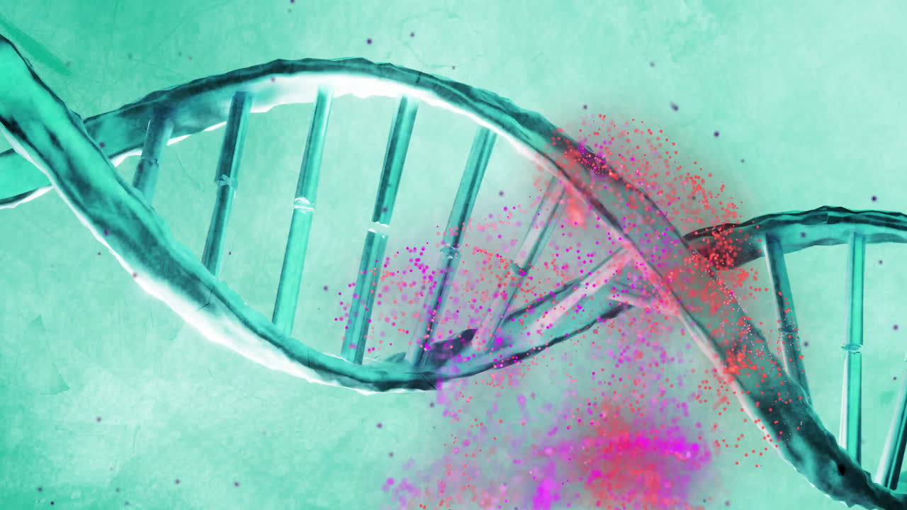 animación de puntos de luz sobre la cadena de adn en fondo azul