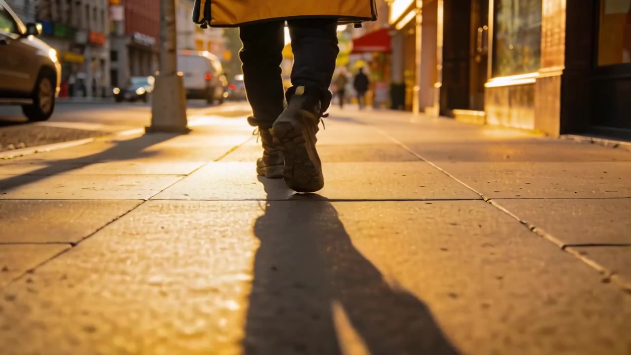 Following low-angle camera tracking person walking away on city sidewalk, lace-up boots, yellow bag