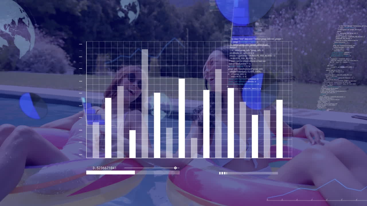 Animation of data processing and diagrams over caucasian female friends in swimming pool