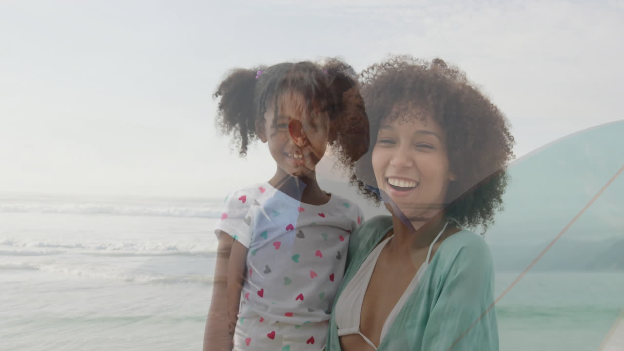 Mother and daughter playing on beach with ocean waves, creating joyful animation