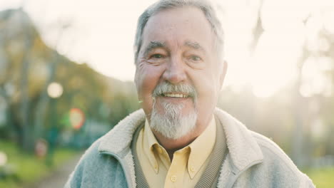 senior man, happy and portrait outdoor in a park