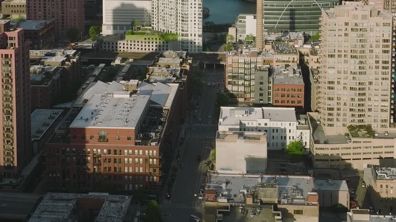 Aerial view of buildings and train tracks in Chicago during daylight
