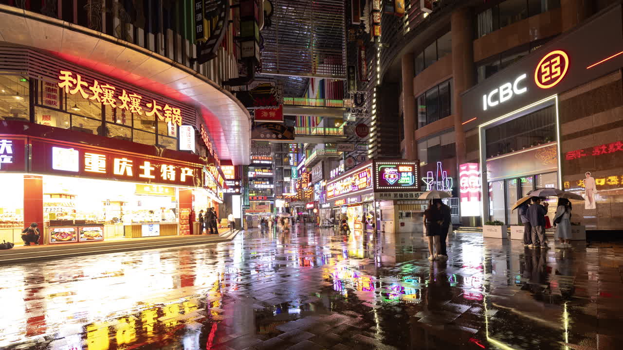 Timelapse of the amazing Chongqing cyberpunk city neon street scene in the rain at night