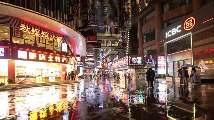 Timelapse of the amazing Chongqing cyberpunk city neon street scene in the rain at night
