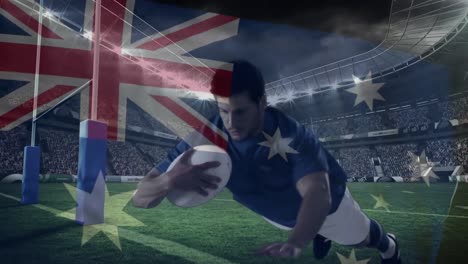 rugby player diving to score in a big stadium with an australian flag