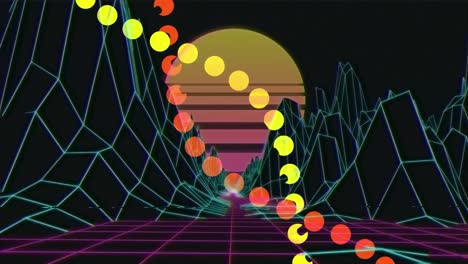 Animation-Von-Rotem-Und-Gelbem-DNA-Strang-über-Blauem-Landschaftsgitter-Und-Aufgehender-Sonne-Auf-Schwarzem-Hintergrund