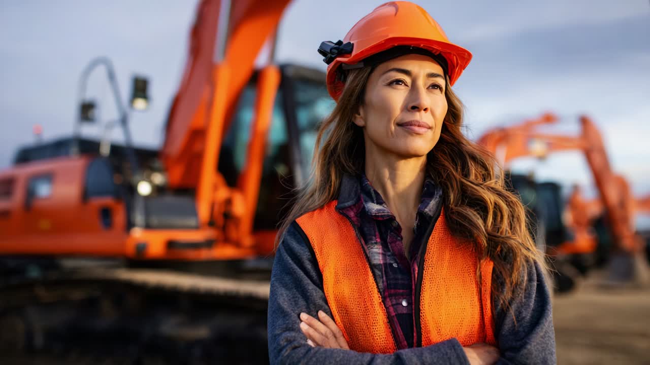 A confident woman wearing a hard hat and safety vest stands in front of heavy machinery, symbolizing strength, leadership, and empowerment in the construction industry with an optimistic outlook