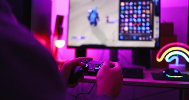 Gamer Playing Video Game with Controller in Neon Lit Room
