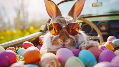 easter bunny with sunglasses in a car trunk filled with eggs