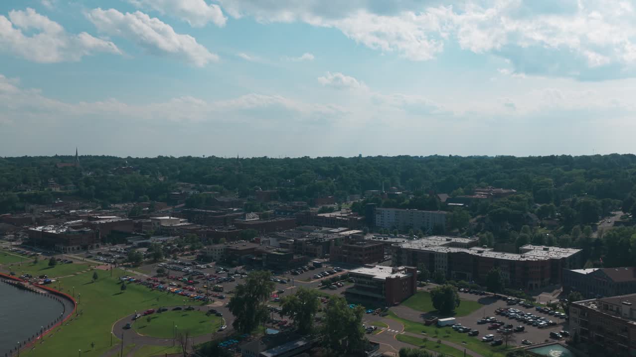 Wide descending aerial shot of historic Stillwater, the birthplace of Minnesota. 4K